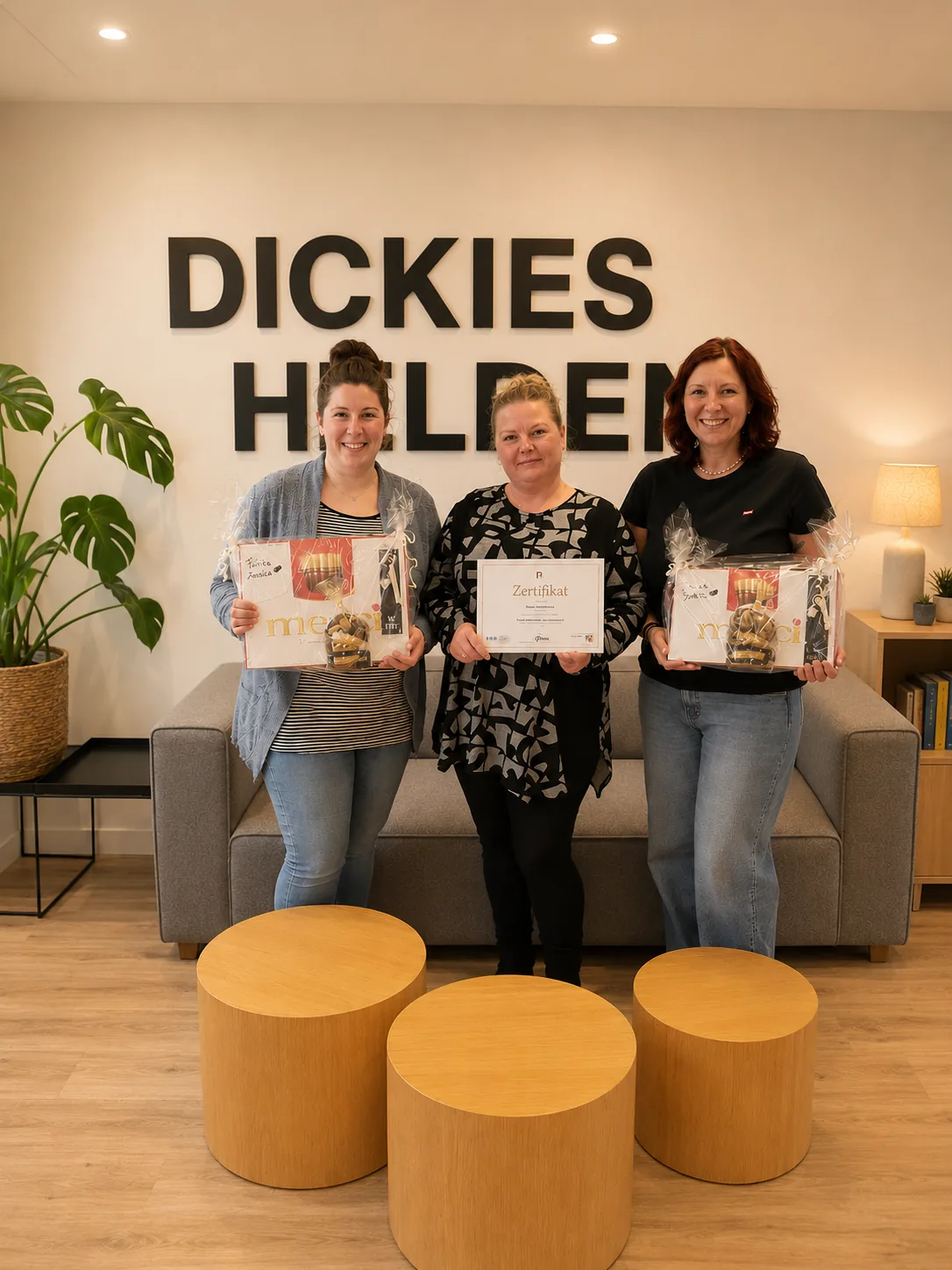 Pflegekräfte mit Zertifikaten vor der Dickies-Helden-Wand
